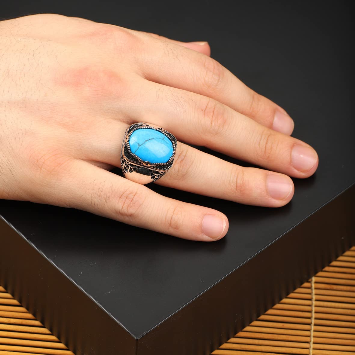 925K Sterling Silver Mens Turquoise Ring