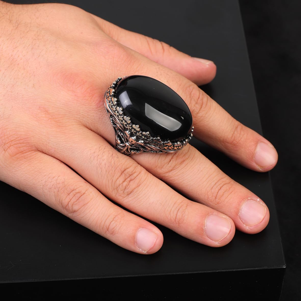Black Onyx Ring for Men – Chunky Sterling Silver Ottoman Gemstone Ring