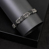Sterling Silver Men’s Bracelet with Micro Onyx Stone – Leather and Silver Hand-Engraved Vintage Bracelet — image 2