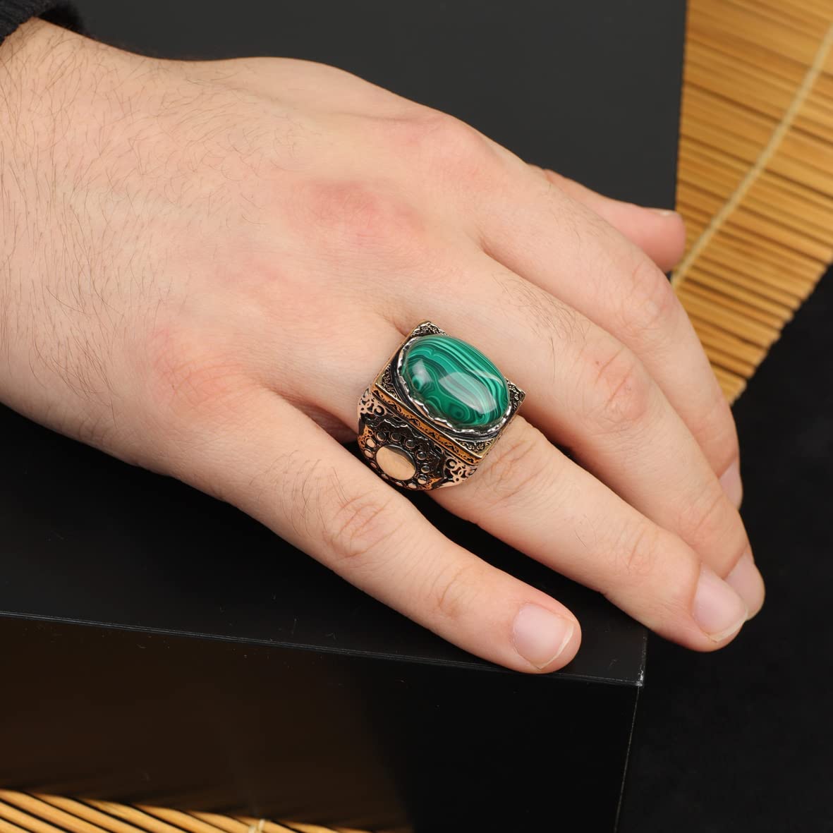 925 K Sterling Silver Malachite Ring Men