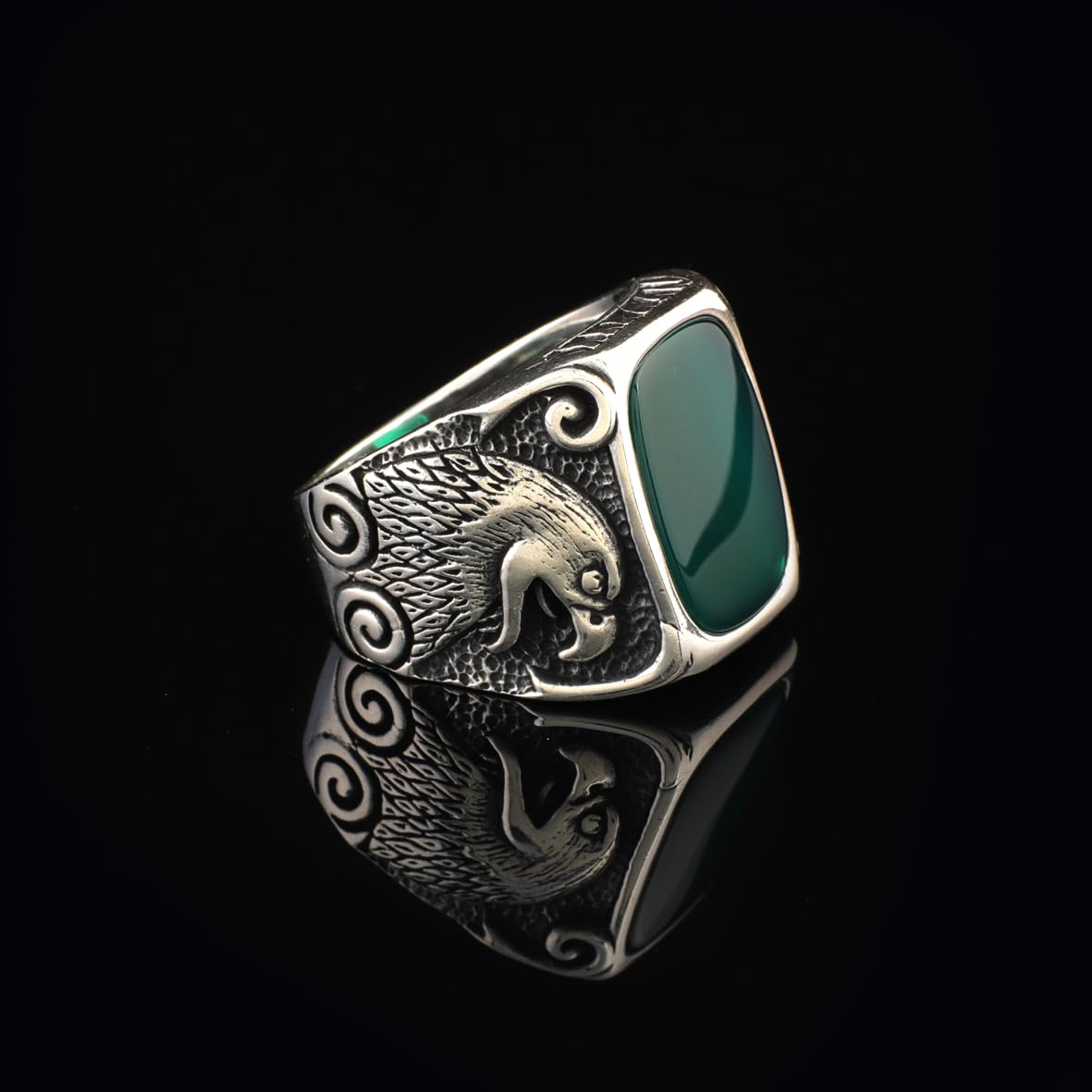 Men's Sterling Silver Eagle & Jade Ring – Vintage Signet Gemstone Ring