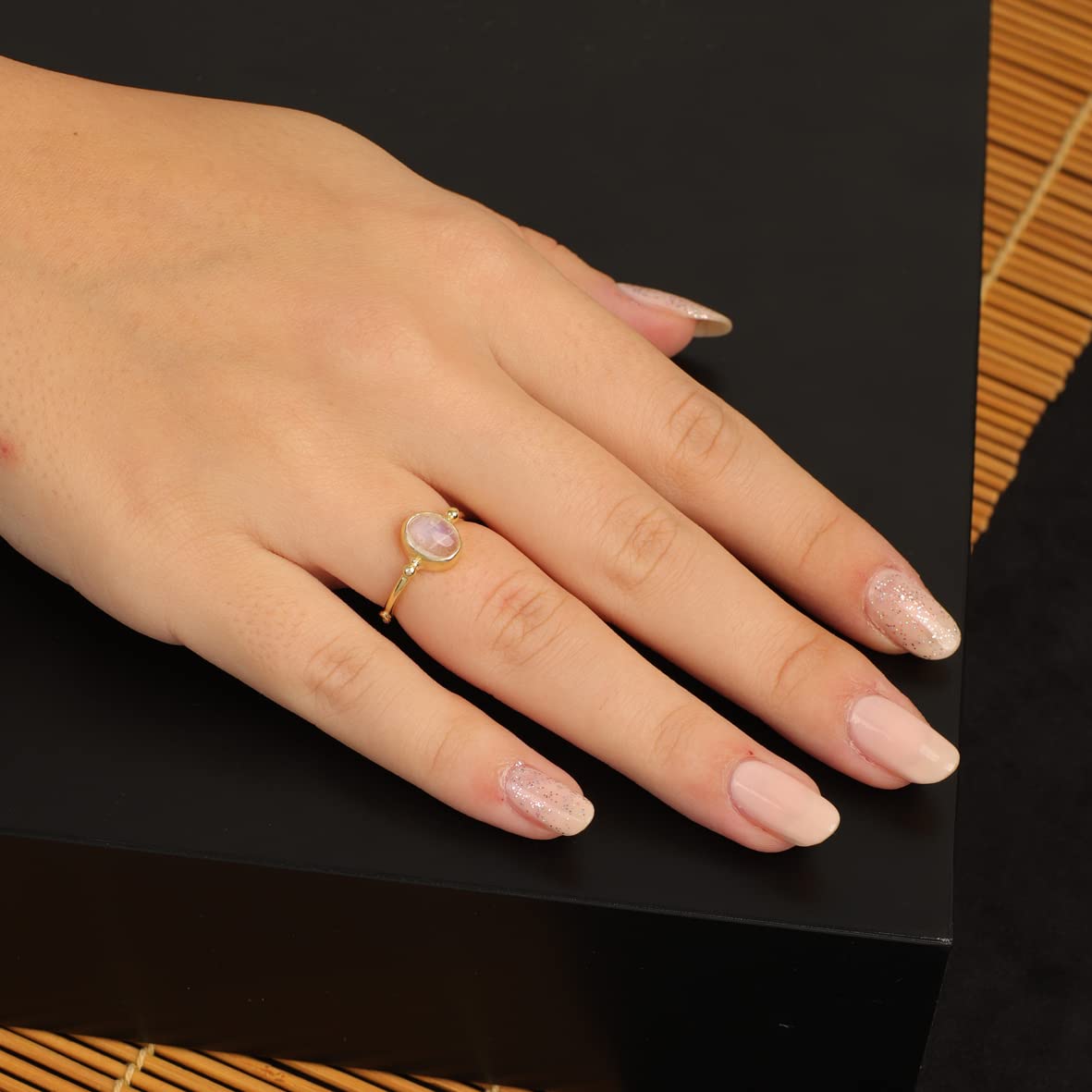 Jewellery Pit Adjustable Rose Quartz Statement Ring for Women - Handcrafted Stone Jewelry - Women's Middle Finger Adjustable Rose Quartz Ring