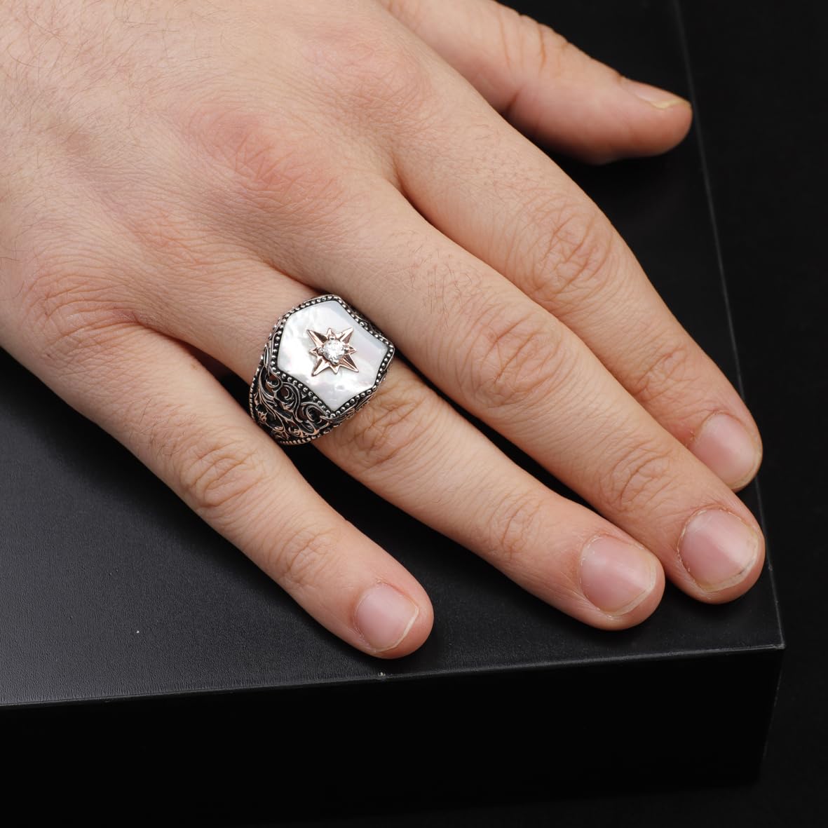 925 Sterling Silver Men's Ring - Handmade Mother of Pearl and Star Gemstone Ring with Polishing Cloth Gift