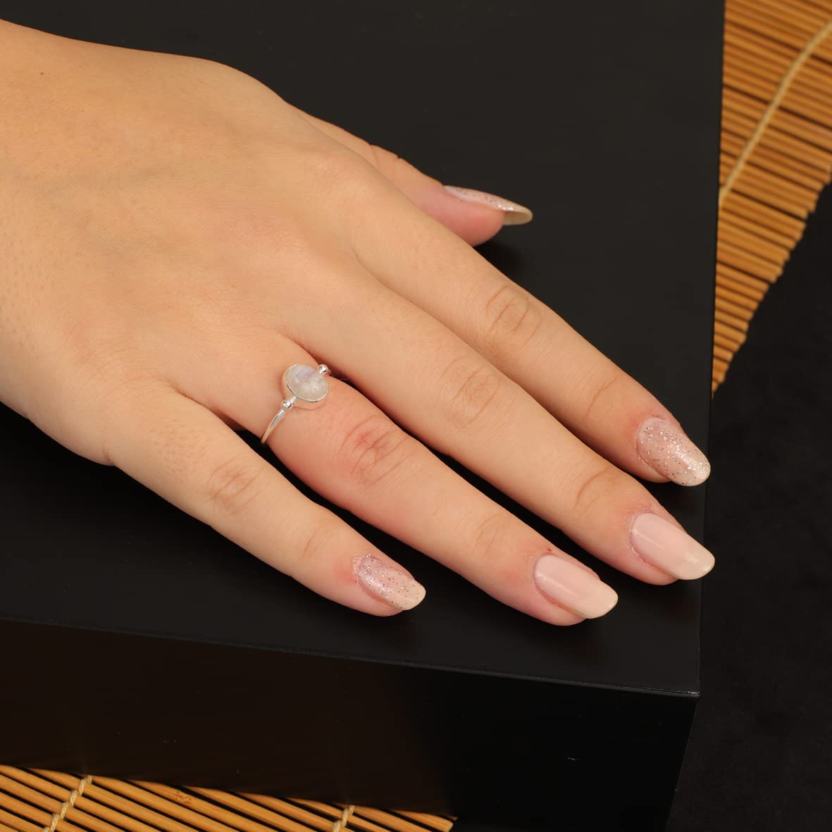 Jewellery Pit Adjustable Moonstone Ring for Women - Handmade Stone Statement Ring for Middle Finger - 925 Sterling Silver Solitaire Ring for Women