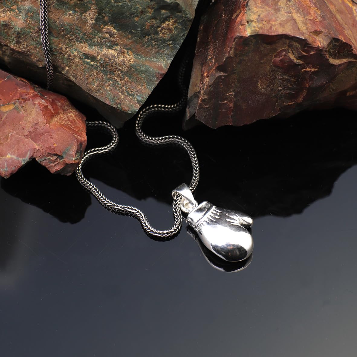 Sterling Silver Boxing Glove Necklace -Polished Fighter Pendant for Men