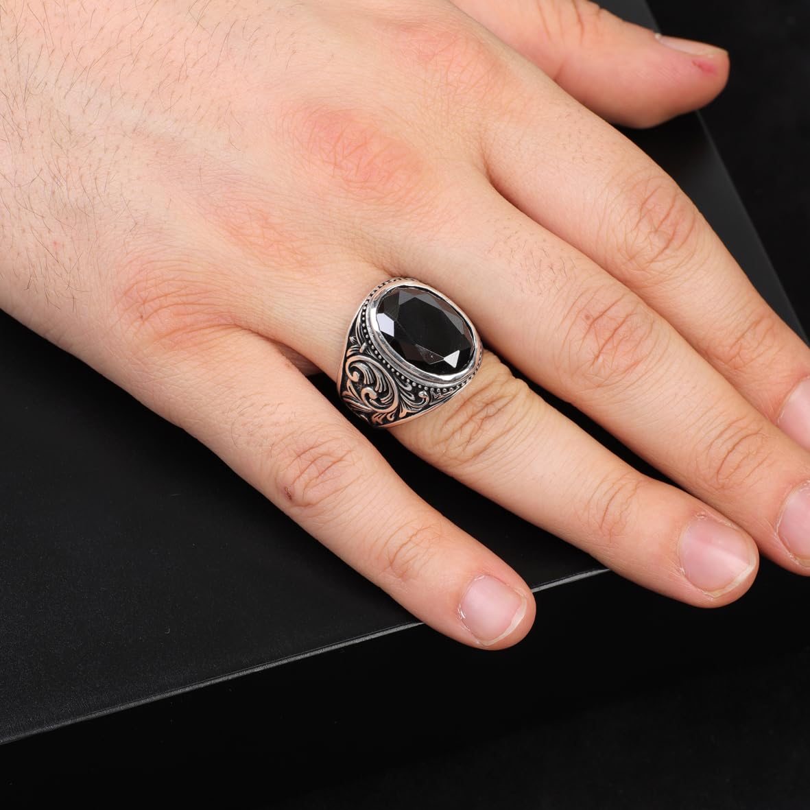 Handmade Onyx Gemstone Oval Stone Engagement Ring for Men Vintage 925 Sterling Silver