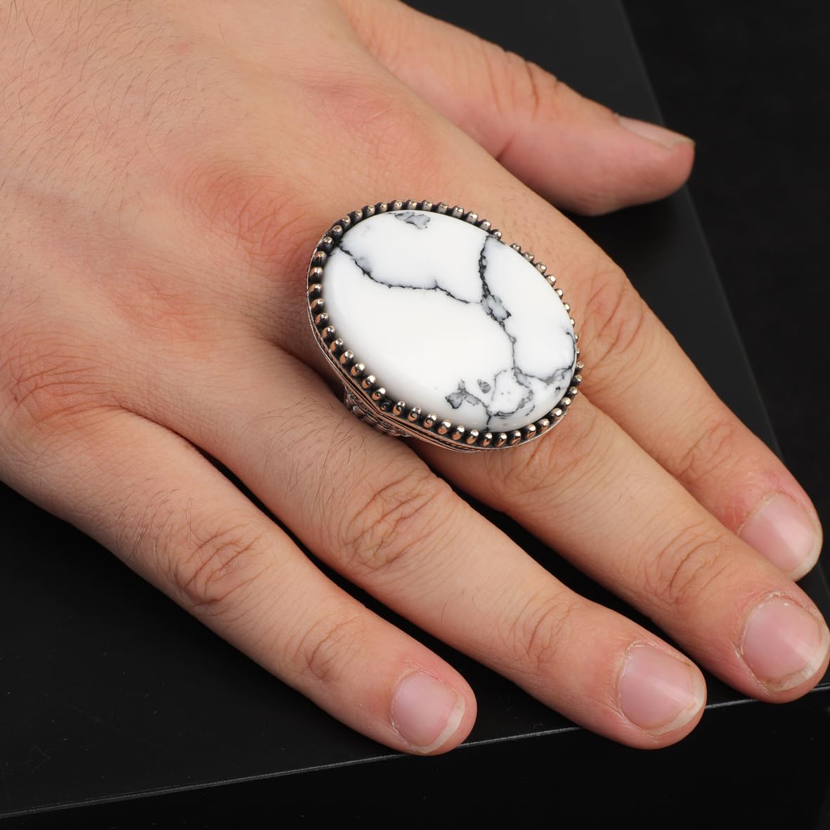 White Turquoise Oval Stone Ring for Men - Large Vintage 925 Sterling Silver Handmade Engagement Ring - Polished with Custom Engraving - Includes Silver Polishing Cloth Gift