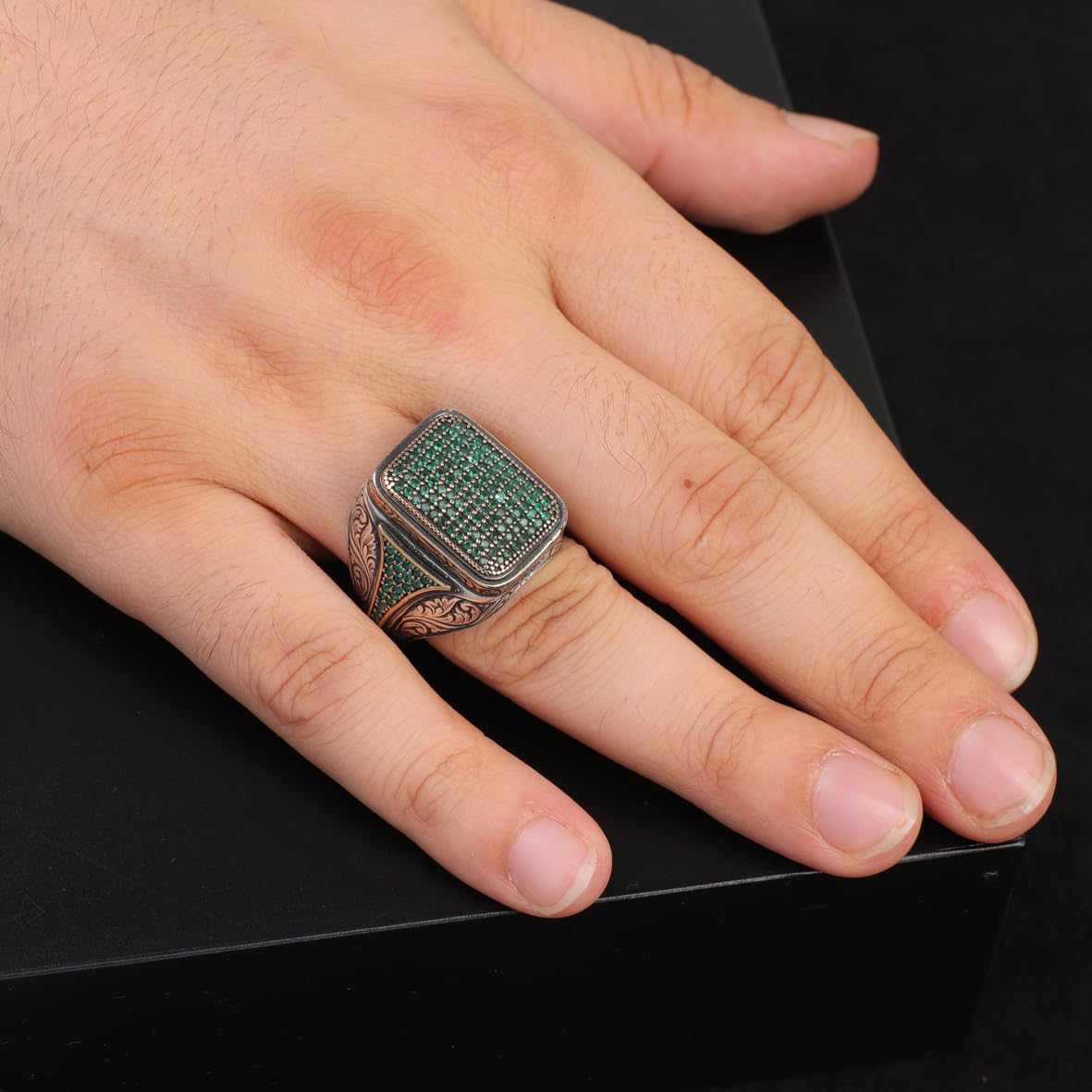 Men's Vintage Jade and Micro Stone Statement Ring