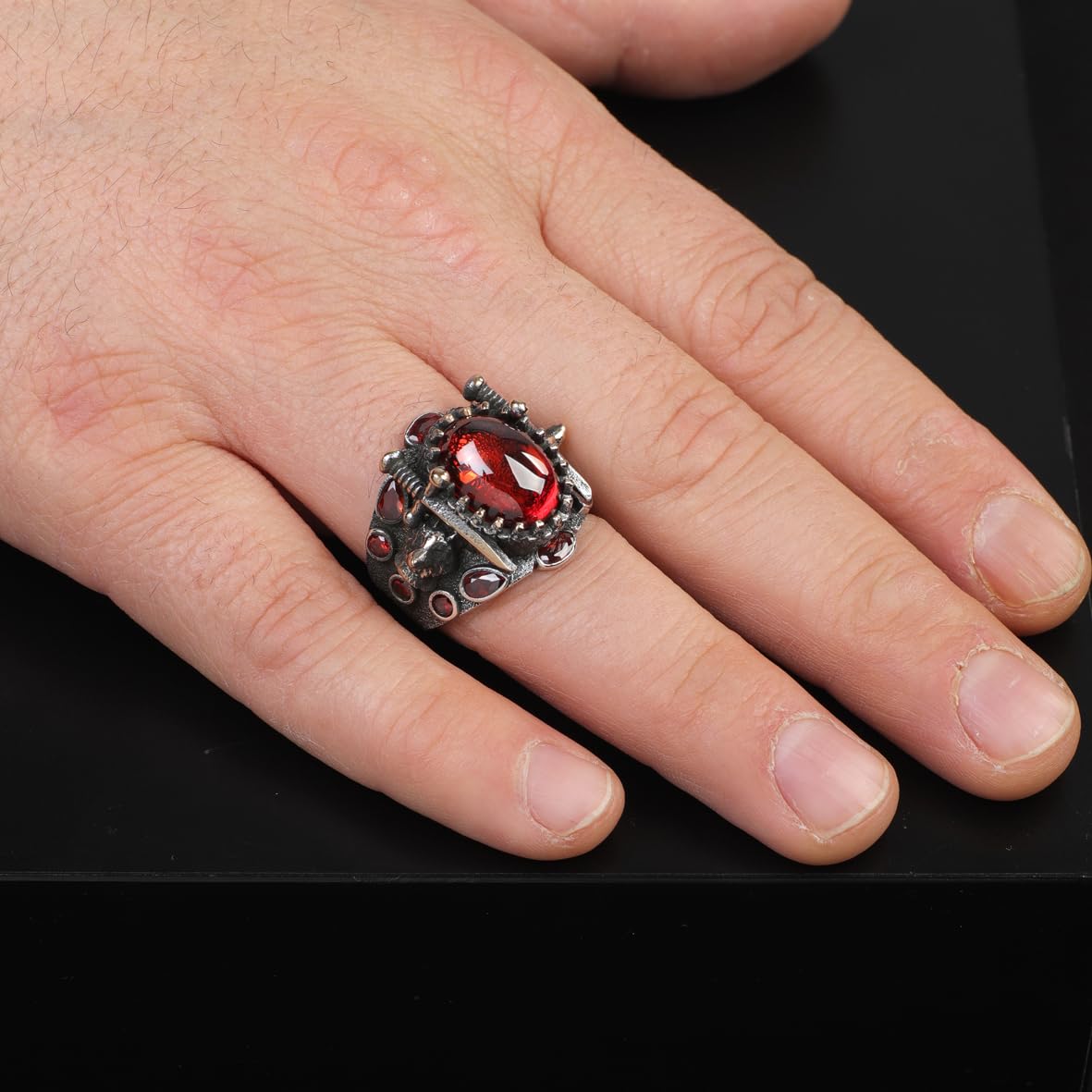 Mens Wolf Garnet Sword Ring – Handmade Sterling Silver Animal Ring