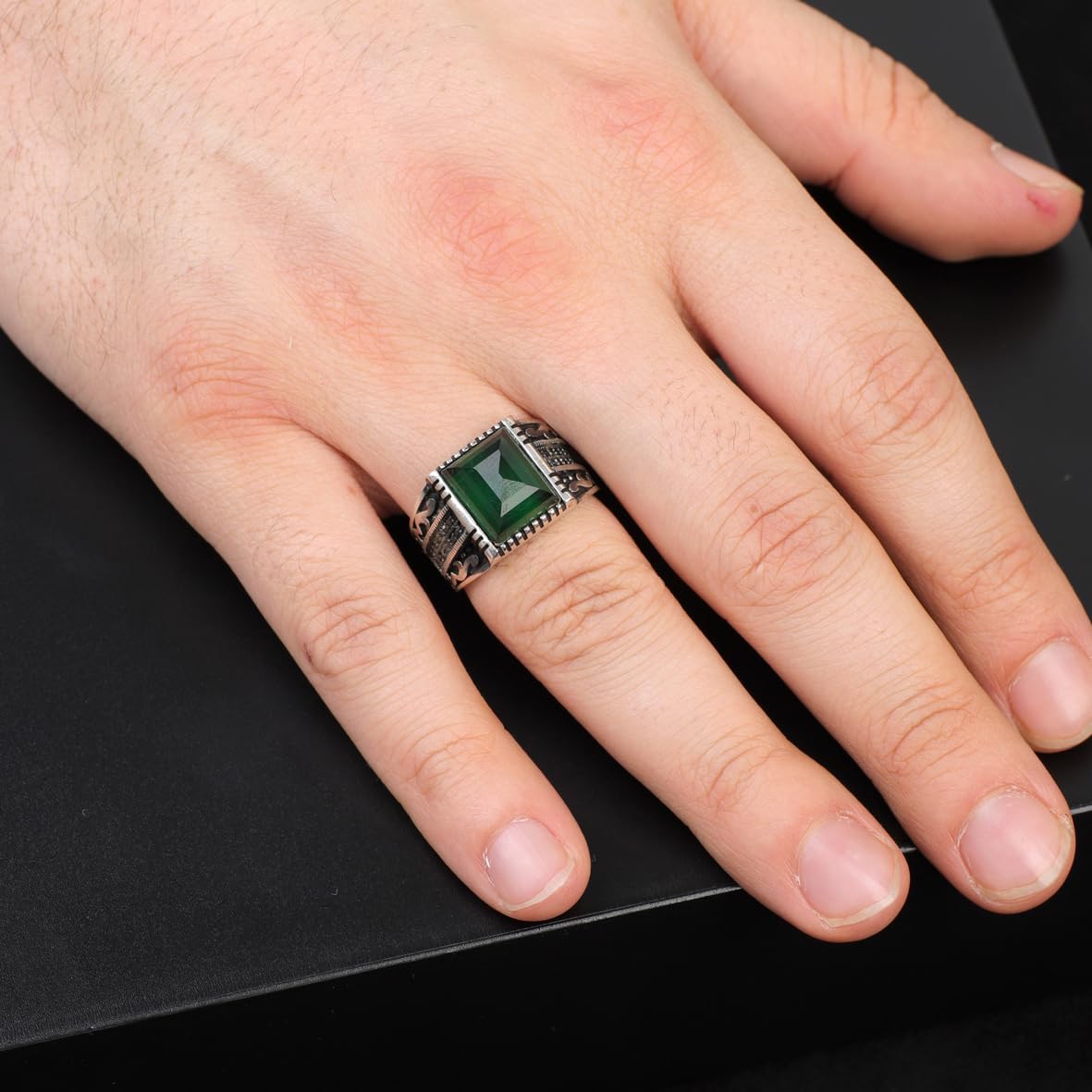 Handmade Jade Gemstone Square Stone Pinky Ring for Men Vintage 925 Sterling Silver