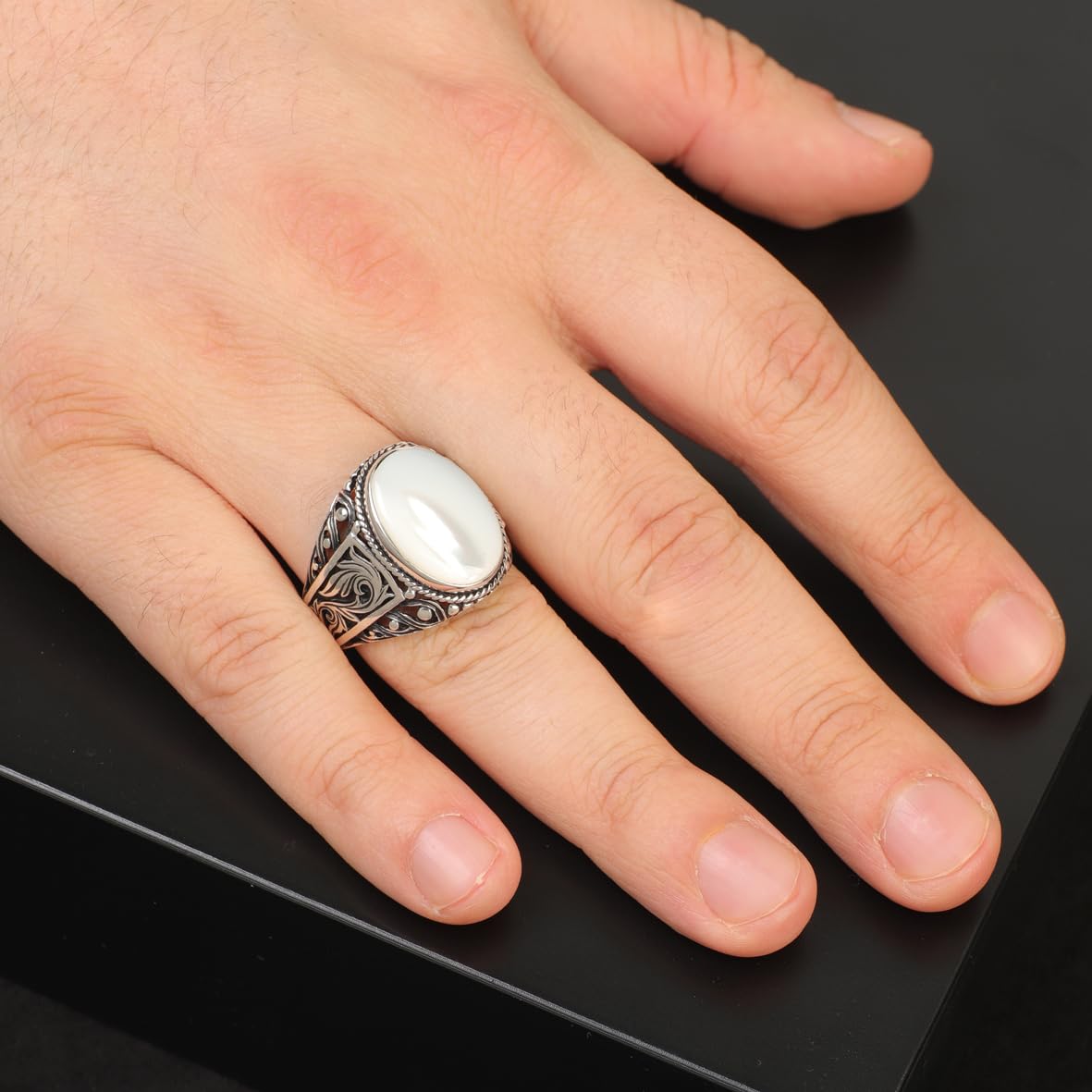 Mother of Pearl Ring Signet Ring Pinky Ring Ottoman Vintage 925 Sterling Silver Promise Engagement Gemstone Ring Gift for Husband