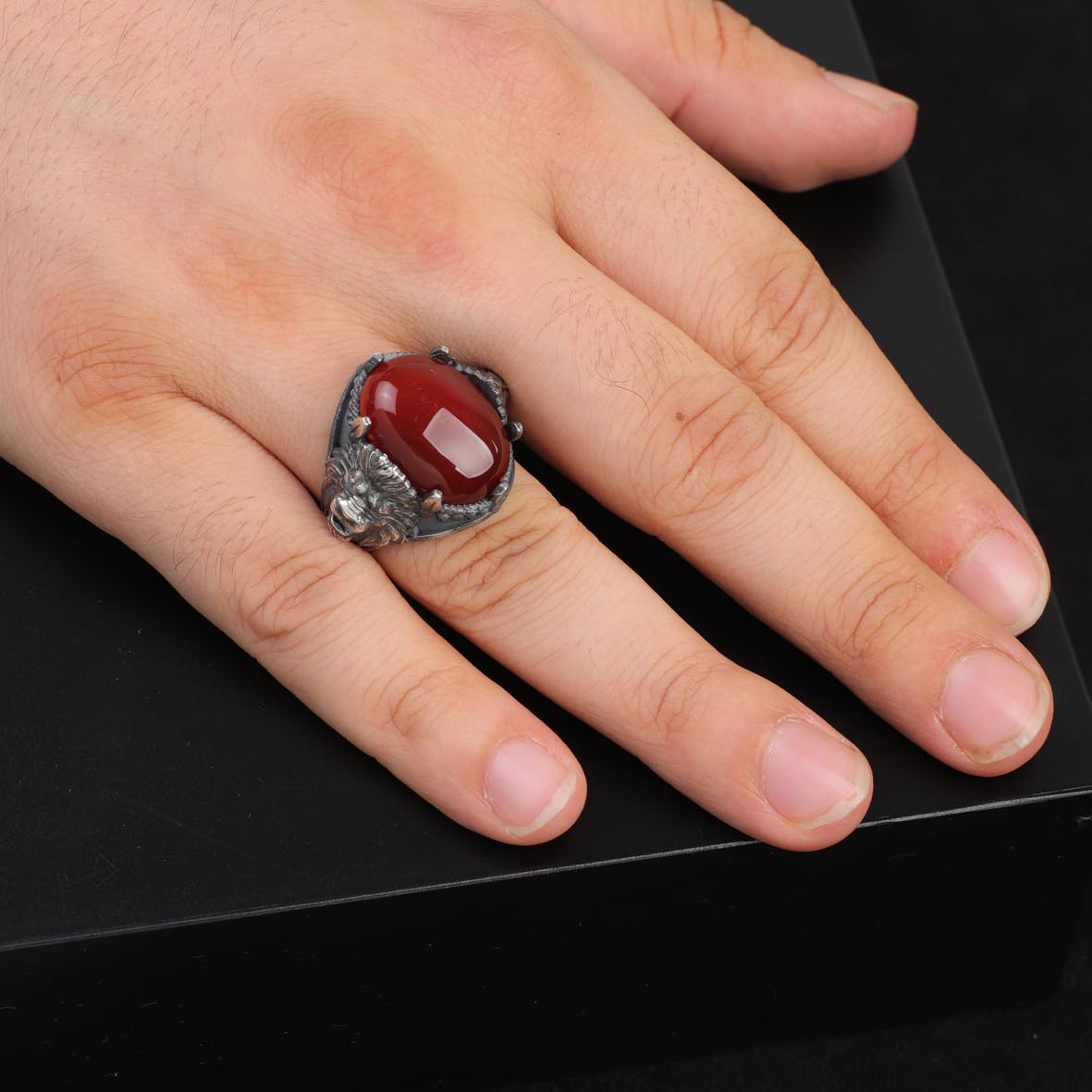 Handmade Carnelian Lion Ring - 925 Sterling Silver Oval Stone Signet Ring for Men
