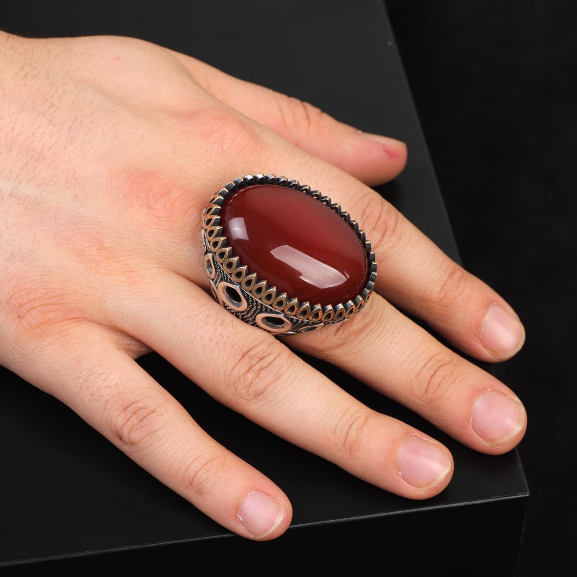 Carnelian Ring - Oval Gemstone - Large Handmade Ottoman Men Vintage 925 Sterling Silver Gemstone Ring with Silver Polishing Cloth Gift