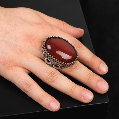 Carnelian Ring - Oval Gemstone - Large Handmade Ottoman Men Vintage 925 Sterling Silver Gemstone Ring with Silver Polishing Cloth Gift
