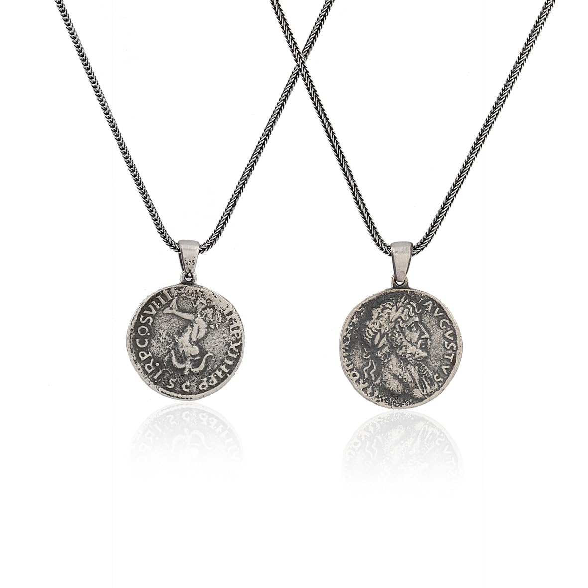 Sterling Silver Men's Mythology Necklace with Antique Caesar Coin Pendant and Silver Chain - Birthday Gifts