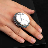 White Turquoise Ring with Micro Turquoise Stone – Large Oval Vintage Men’s Ring in Polished 925 Sterling Silver — image 2