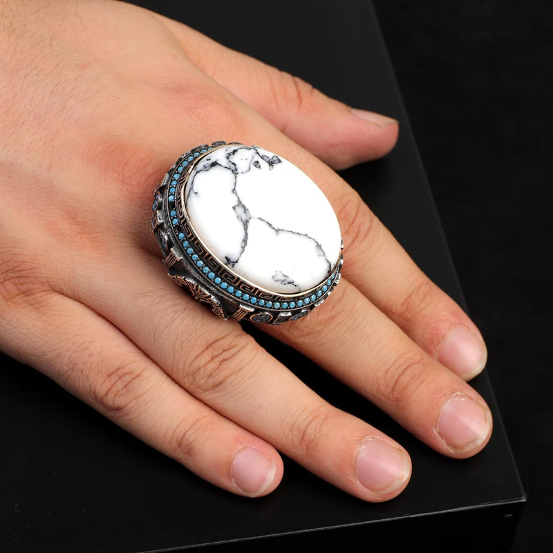 White Turquoise Ring with Micro Turquoise Stone – Large Oval Vintage Men’s Ring in Polished 925 Sterling Silver