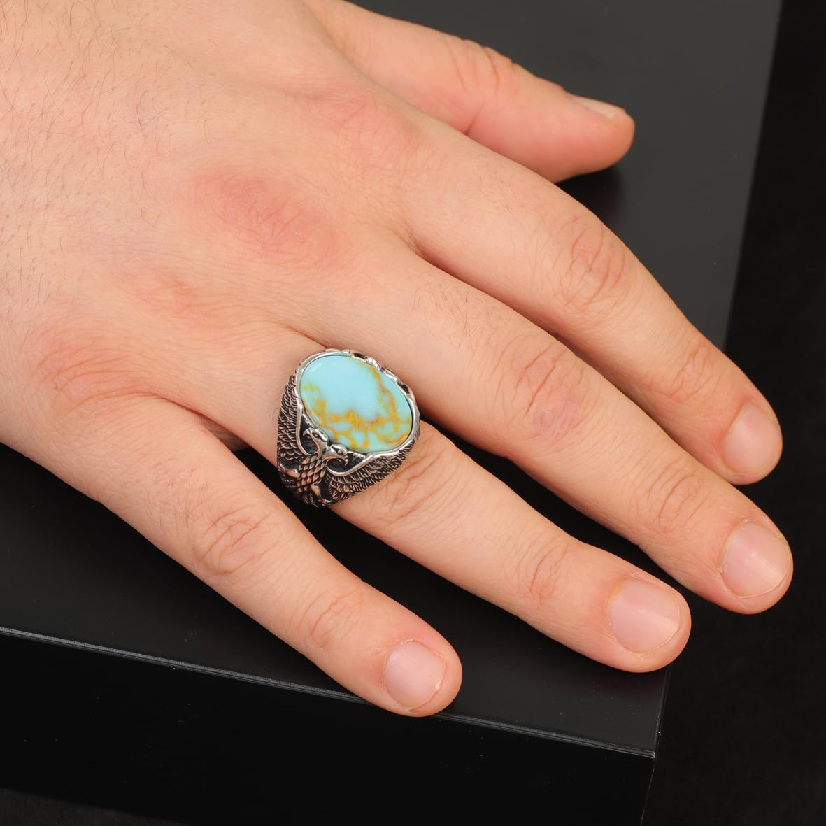 Mens Turquoise Eagle Ring Ottoman Vintage Ring Sterling Silver Ring Pinky Ring Promise Ring for Him Silver Signet Ring Gemstone
