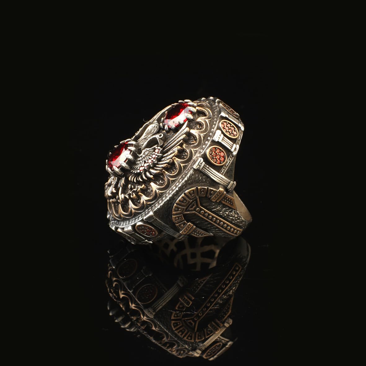 Garnet Eagle Signet Ring Large Statement Whiskey Barrel Chunky Silver Ottoman Vintage 925 Sterling Promise Engagement Gemstone Gift for Husband