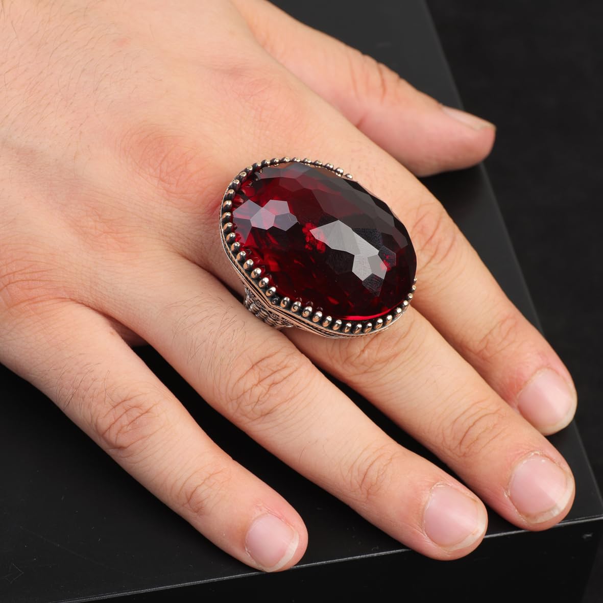 Men's 925 Sterling Silver Garnet Ring - Large Oval Vintage Stone