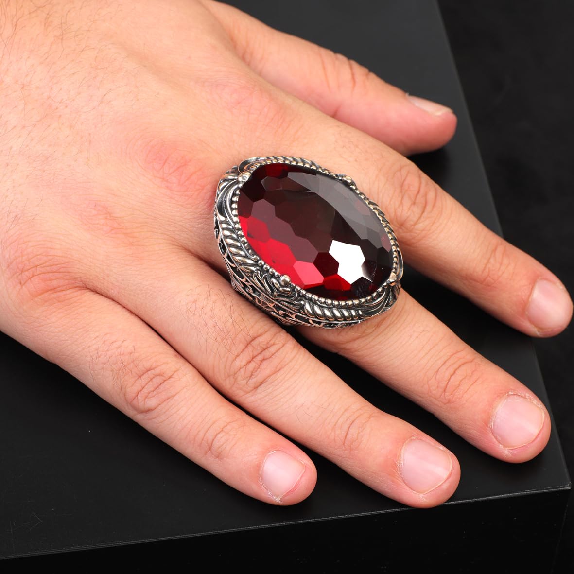 Vintage-Inspired Garnet Ring - Chunky Sterling Silver Ring for Men - Handmade Ottoman Gemstone Engagement Ring - Custom Engraving Included with Gift Silver Polishing Cloth