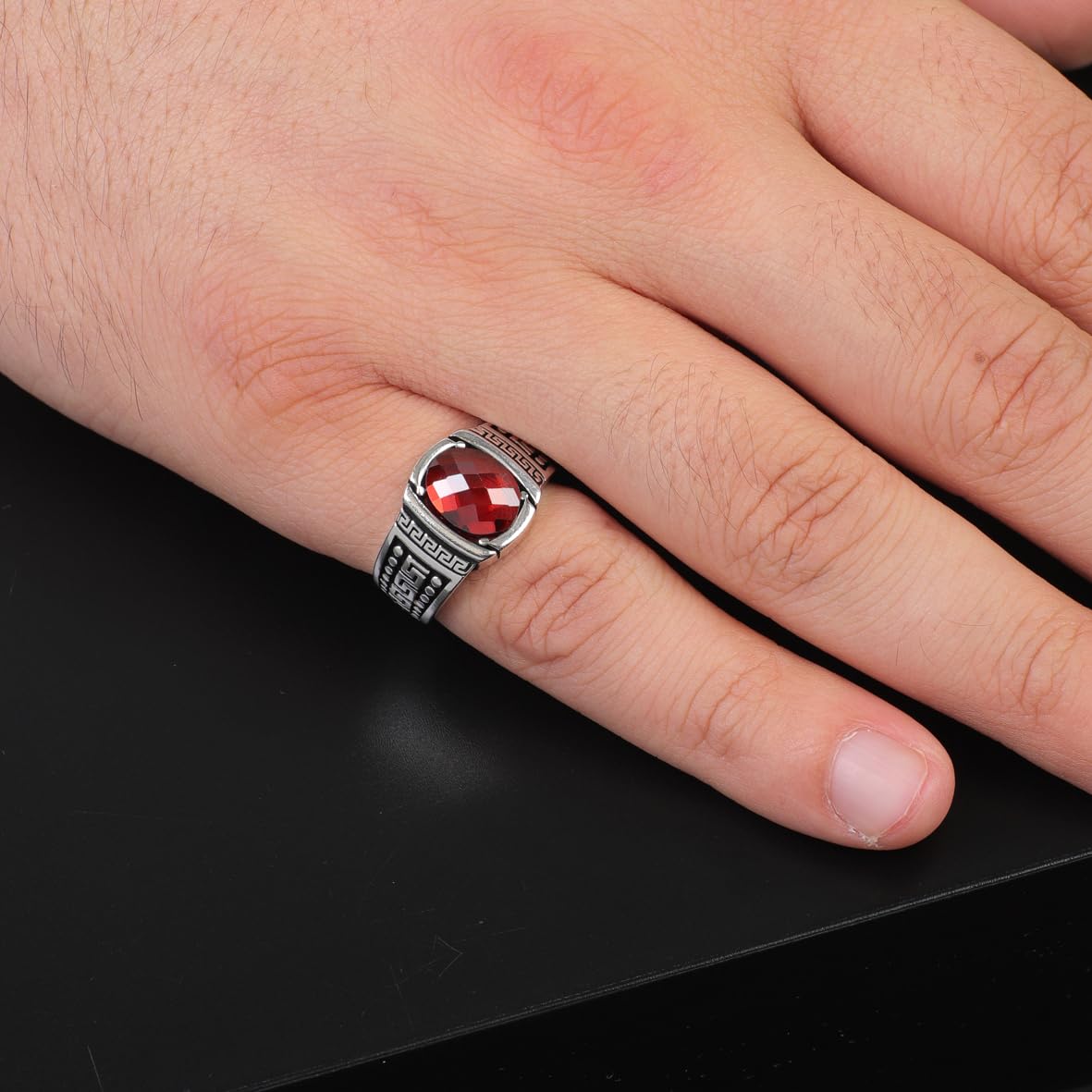 Men's Garnet Pinky Ring - Handmade Sterling Silver Signet Ring in Ottoman Style - Custom Engraved Vintage Engagement Ring Gift with Silver Polishing Cloth