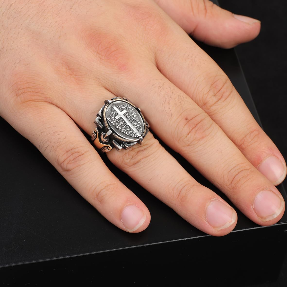 Vintage Shield Cross Signet Ring for Men - 925 Sterling Silver Christian Statement Ring - Polished Handmade Engagement Ring with Custom Engraving