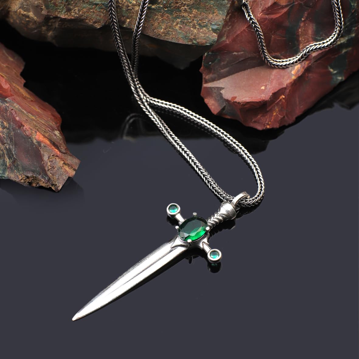 Sterling Silver Sword Necklace with Emerald Gemstone – Polished Biker Pendant on Silver Chain