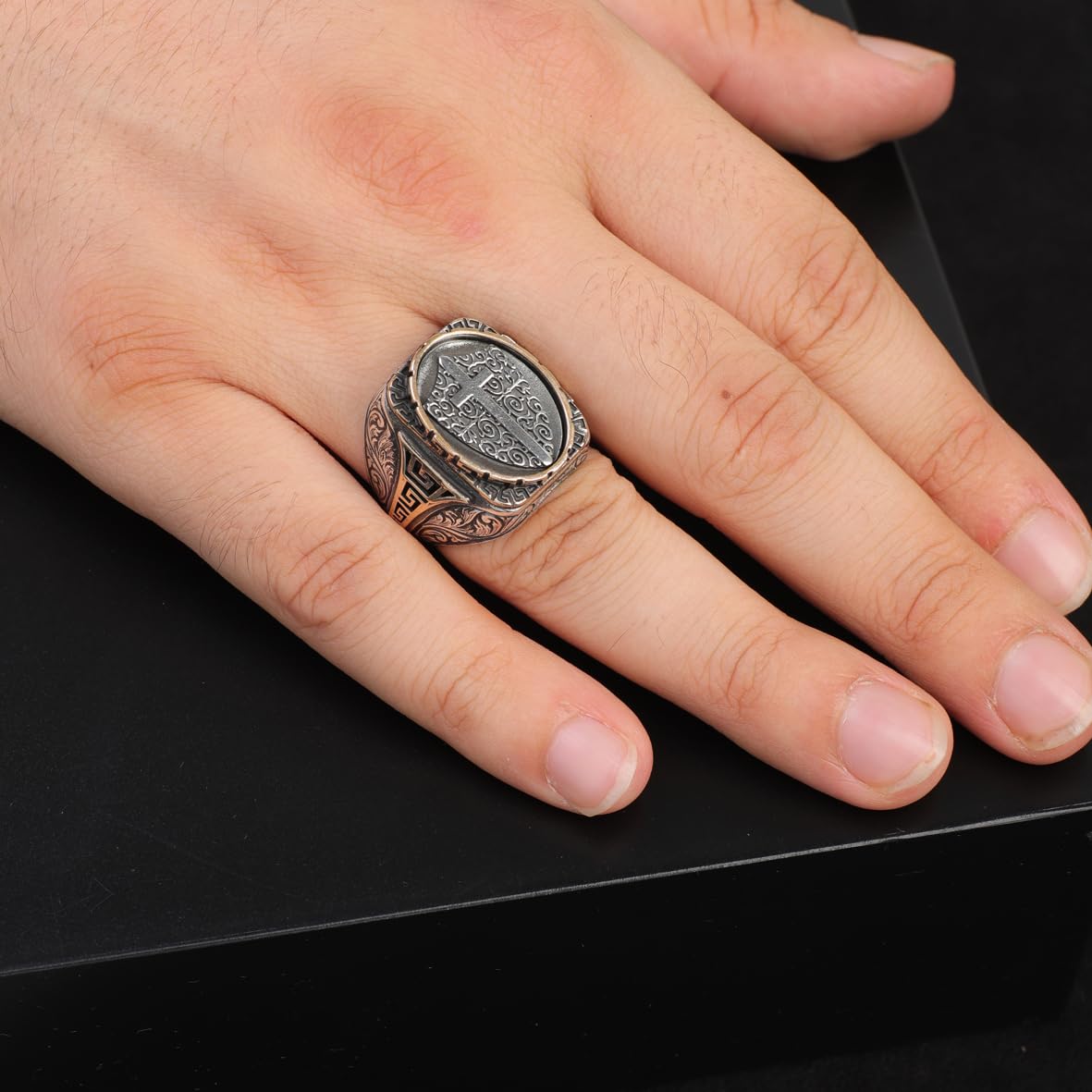 Vintage Shield Cross Signet Ring for Men - 925 Sterling Silver Christian Statement Ring - Polished Handmade Engagement Ring with Custom Engraving