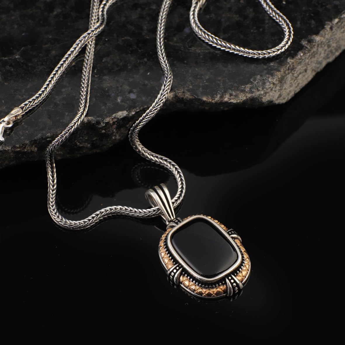 Black Onyx Gemstone Necklace - Sterling Silver Men’s Gothic Biker Pendant Chain with Silver Cleaning Cloth Gift