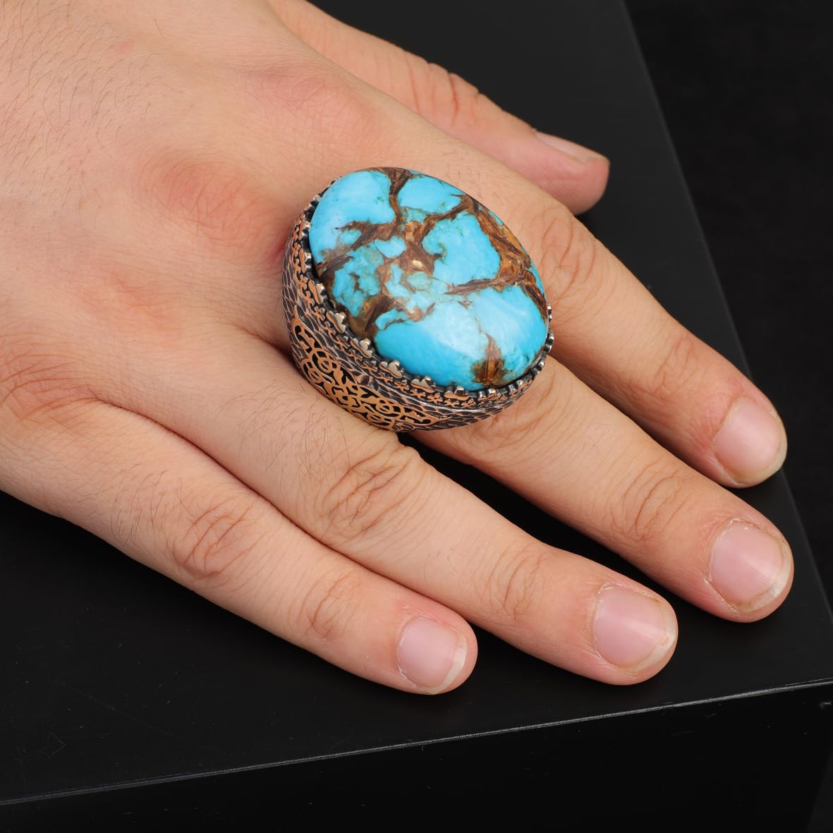 Special Turquoise Stone Ring – Large Oval Stone in Polished 925 Sterling Silver
