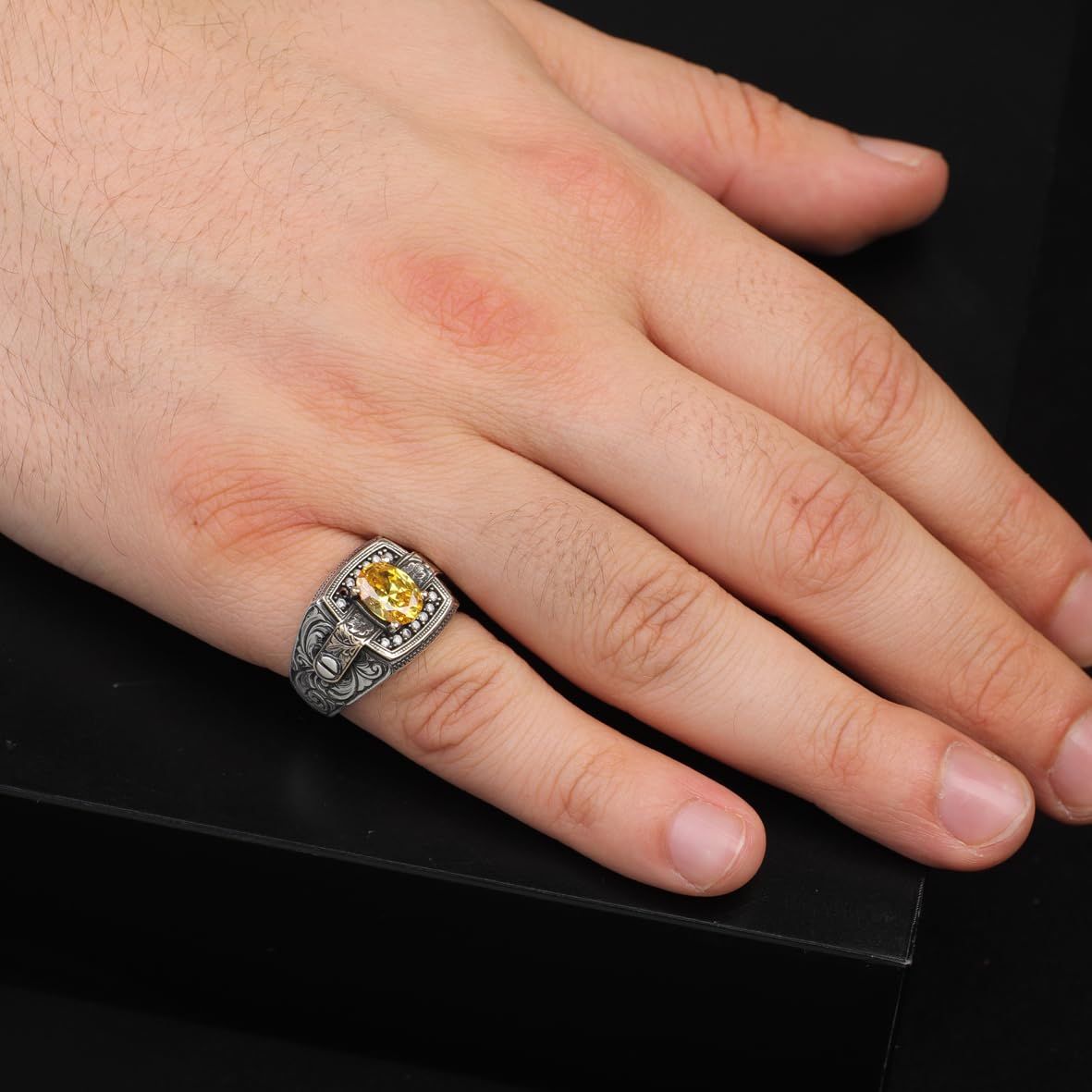 Citrine Pinky Ring with Micro Stone - Vintage Style Men's Gemstone Ring in 925 Sterling Silver - Turkish Handmade Polished Engagement Ring with Silver Polishing Cloth Gift