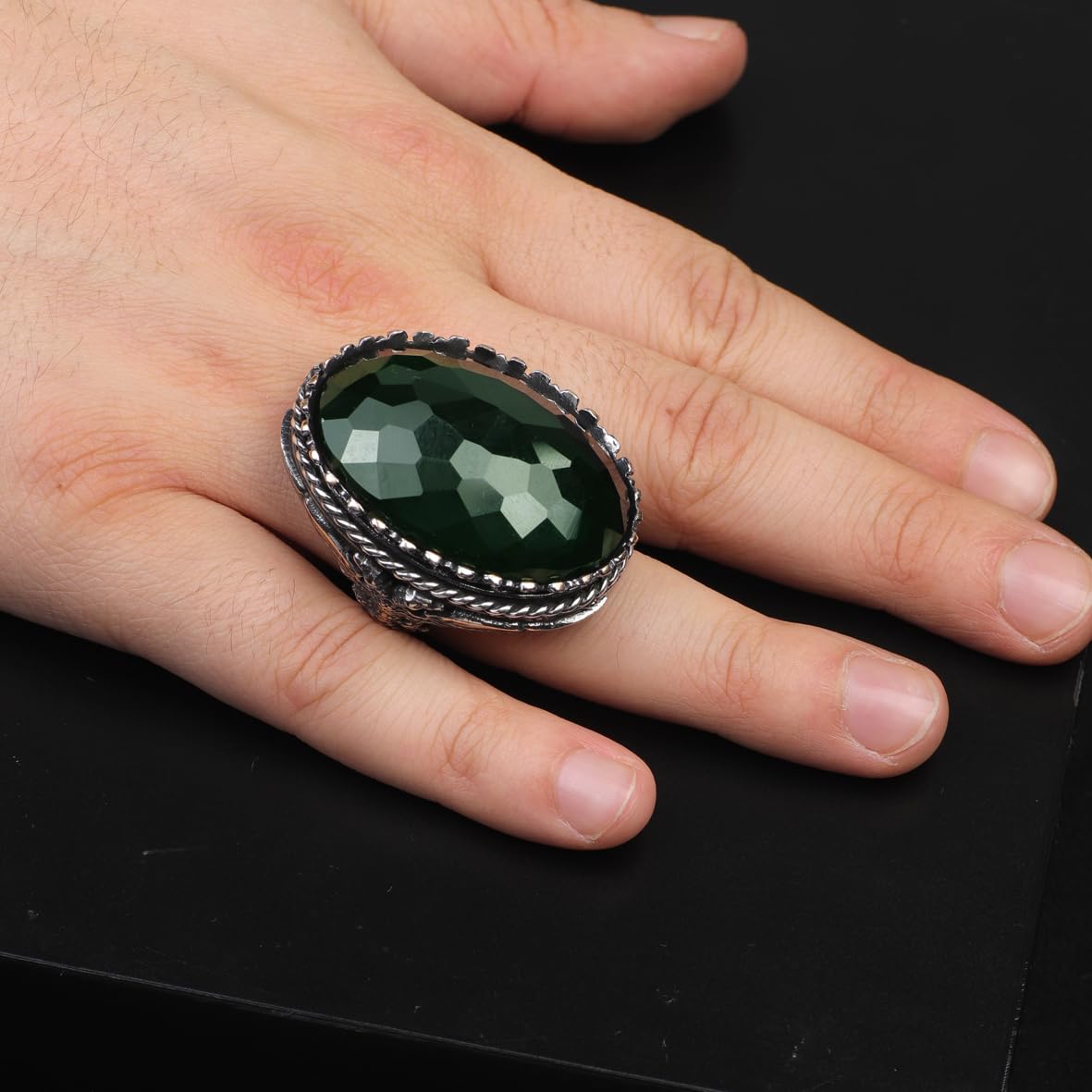 Vintage Emerald Eagle Ring for Men - Large Oval Stone 925 Sterling Silver Turkish Handmade Polished Engagement Ring with Silver Polishing Cloth Gift