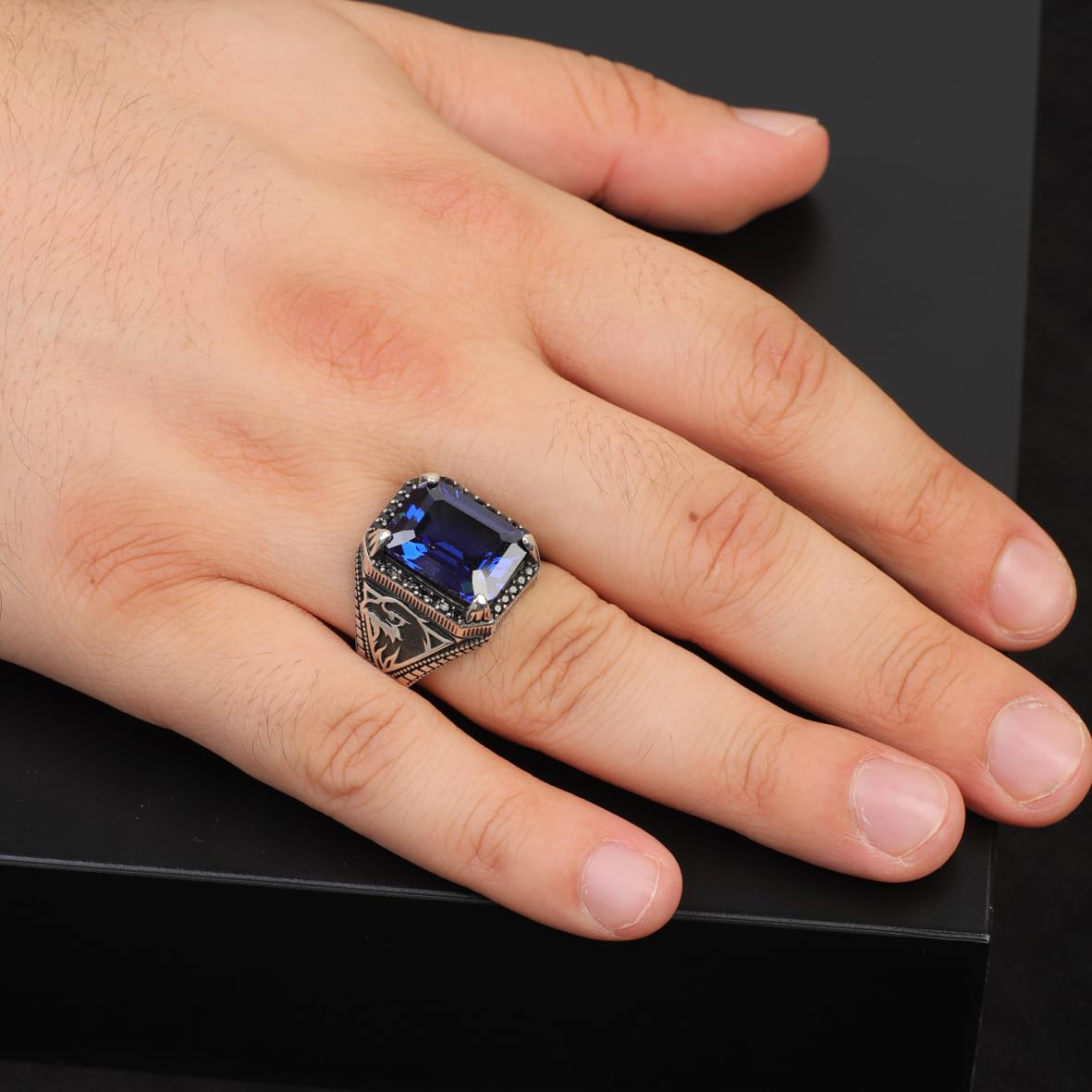 Sapphire Eagle Signet Ring for Men – Vintage Handmade Sterling Silver Gemstone Ring with Custom Engraving – Engagement Ring Gift with Silver Polishing Cloth