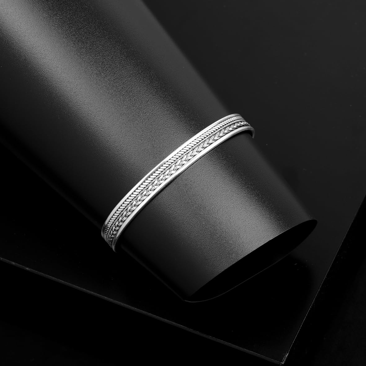 Handmade Silver Cuff Bracelet for Men – Thick Sterling Silver Band with Embroidered Vintage Design
