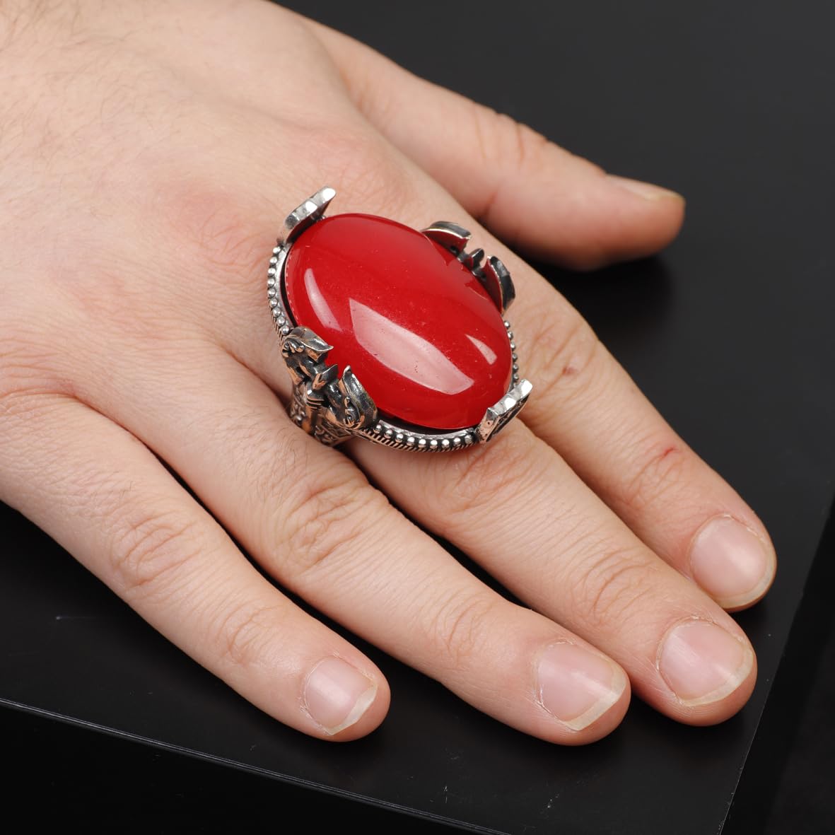 Handmade Large Carnelian Ax Ring - 925 Sterling Silver Men's Gemstone Jewelry with Silver Polishing Cloth Gift