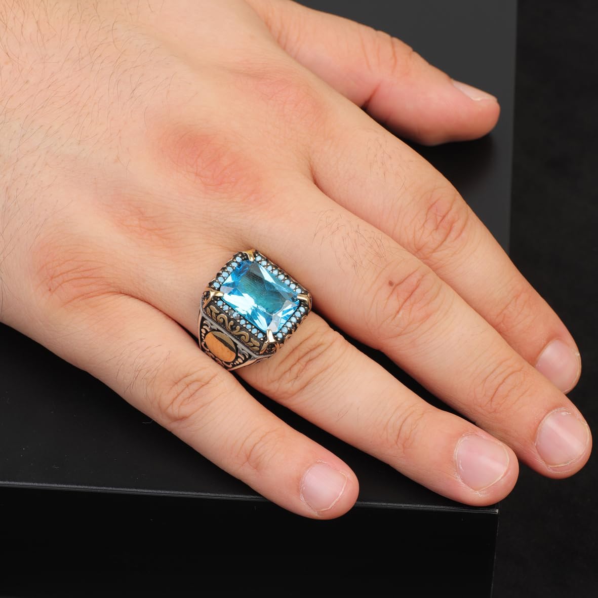 Mens Aquamarine Ottoman Ring – Handmade Sterling Silver Vintage Gemstone Engagement Ring with Custom Engraving and Gift Silver Polishing Cloth