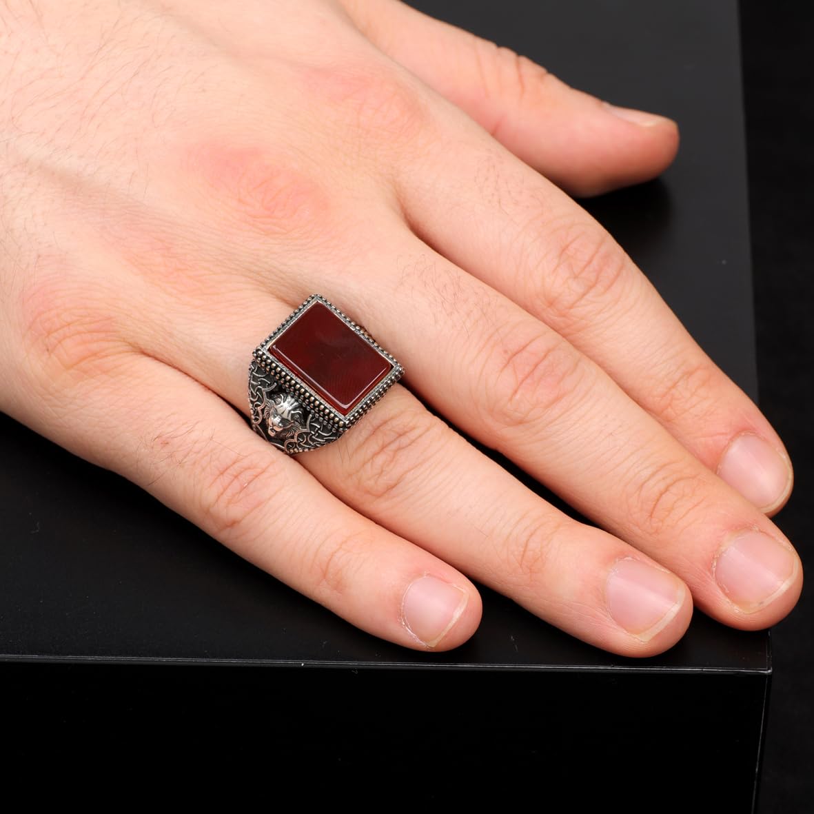Men's Lion Ring with Carnelian Gemstone - 925 Sterling Silver Jewelry - 925 Sterling Silver Rings for Men - Birthday Gifts