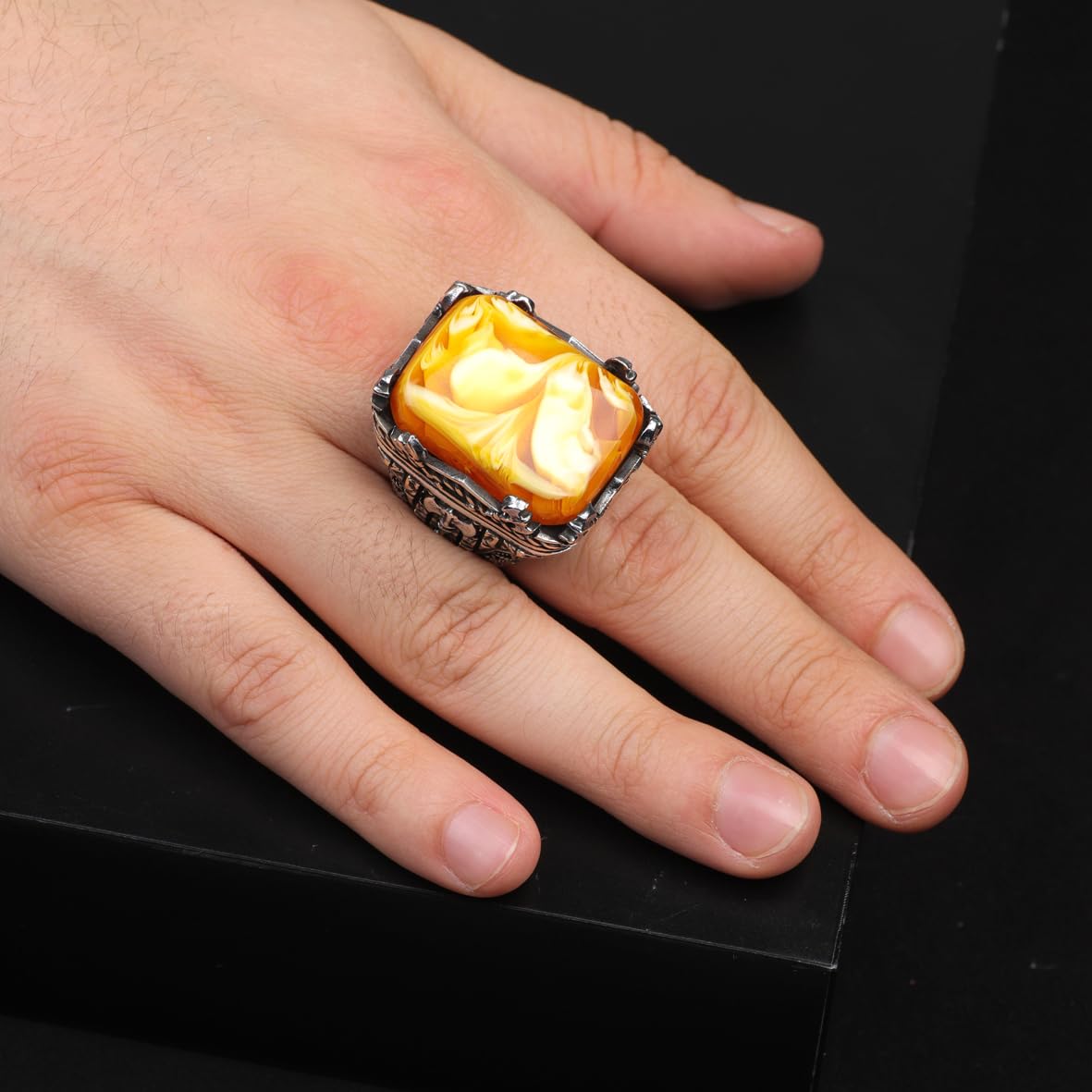 Vintage Large Squeezing Amber Axe Ring for Men - 925 Sterling Silver Turkish Handmade Polished Engagement Ring with Silver Polishing Cloth Gift