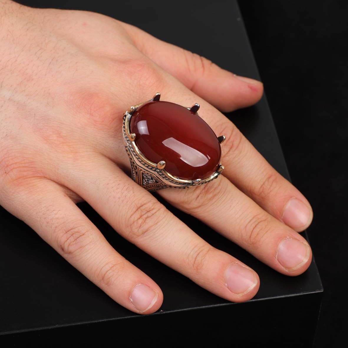 Handmade Carnelian Ring with Oval Gemstone - Large Ottoman Style Men's 925 Sterling Silver Gemstone Ring