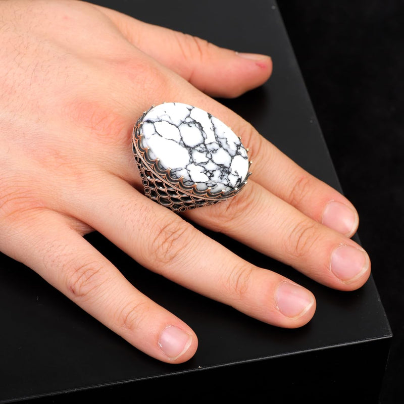 White Turquoise Oval Stone Ring - Large Gemstone Ring