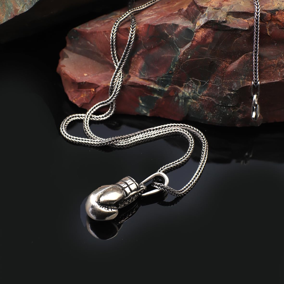 Boxing Glove Necklace - Polished Sterling Silver Mens Pendant - Silver Chain Gothic Biker Necklace + Silver Cleaning Cloth Gift