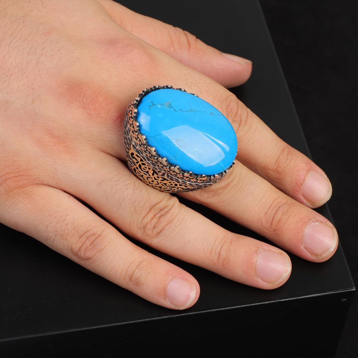 Handmade Turquoise Men’s Ring with Large Oval Stone – Vintage 925 Sterling Silver Engagement Ring