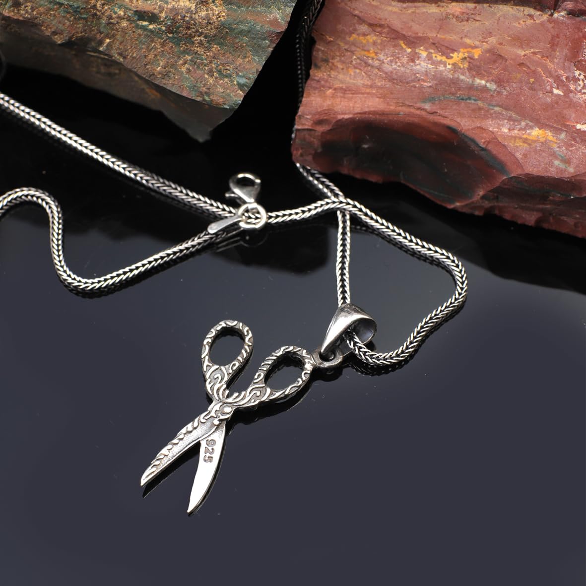Gothic Scissor Necklace – Sterling Silver Barber Pendant – Polished Mens Necklace with Silver Chain – Unique Gift with Silver Cleaning Cloth