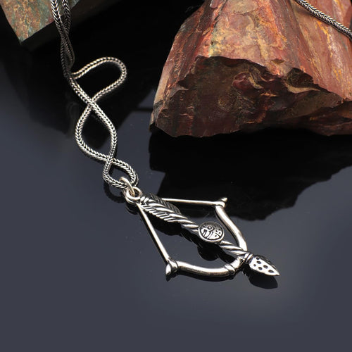 Bow and Arrow Pendant Necklace in Sterling Silver - Men’s Gothic - Biker Style with Silver Chain & Cleaning Cloth Gift