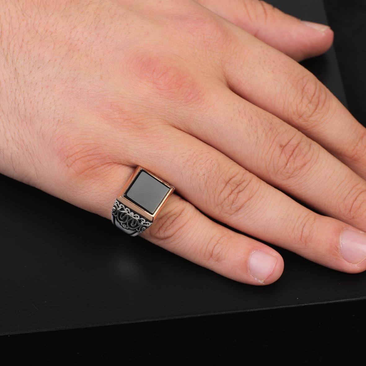 Men's Vintage Onyx Signet Ring - Handmade Pinky Ring in Sterling Silver