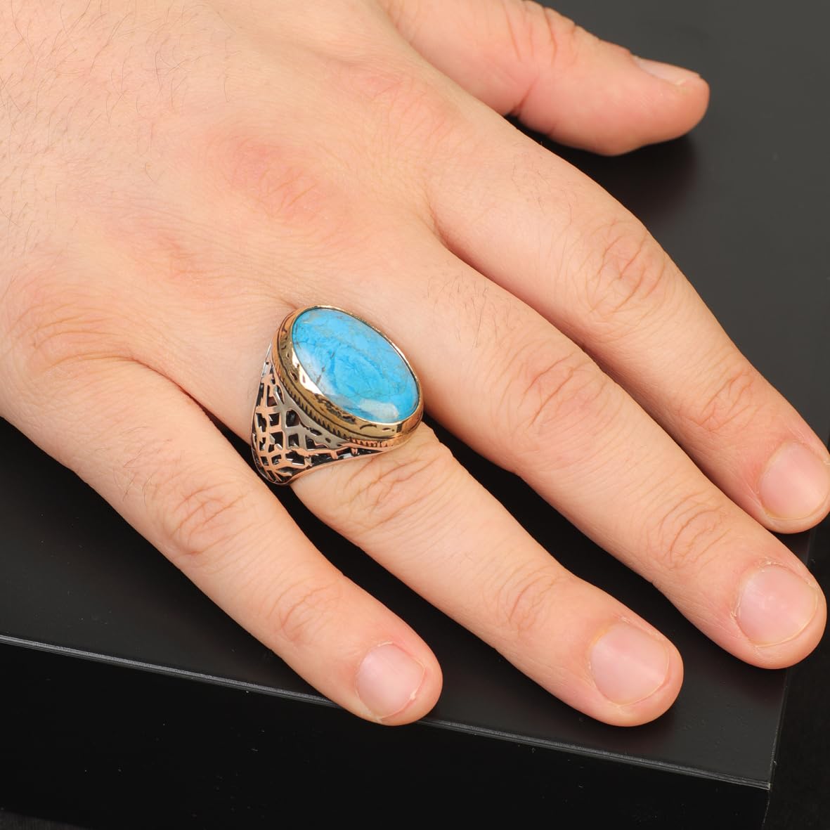 Mens Turquoise Ring – Ottoman Signet Vintage 925 Sterling Silver Engagement Ring – Promise Ring for Him – Gift for Husband