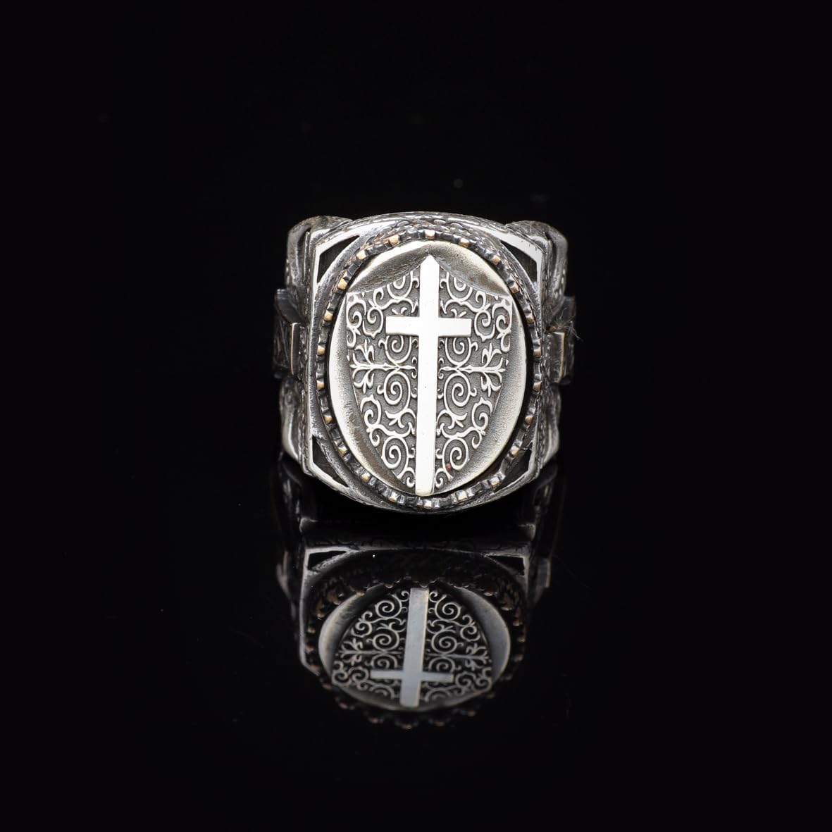 Vintage Shield Cross Signet Ring for Men - 925 Sterling Silver Christian Statement Ring - Polished Handmade Engagement Ring with Custom Engraving