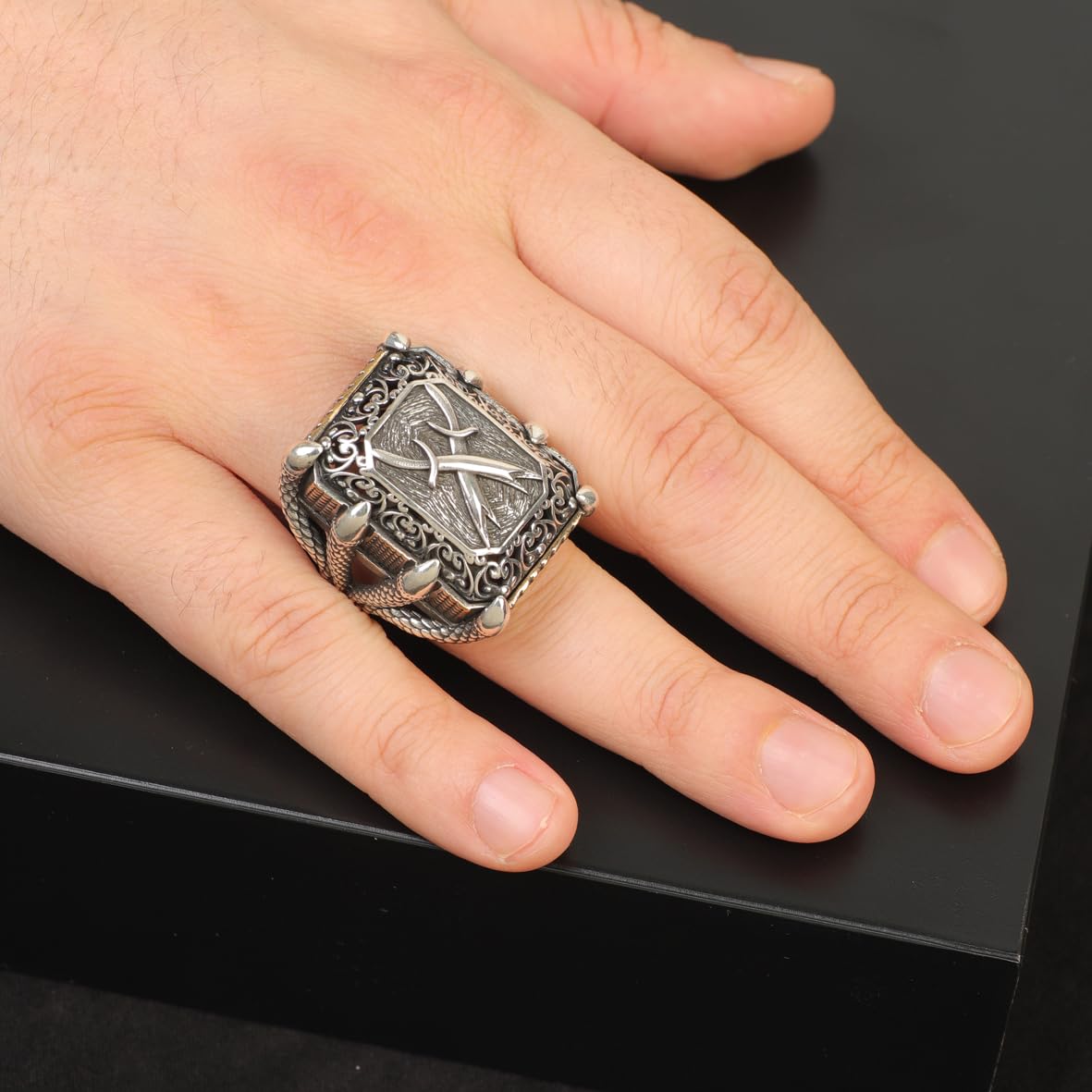 Sword Ring Signet Ring Large Ring Chunky Silver Whiskey Barrel Ottoman Vintage 925 Sterling Silver Promise Engagement Ring Gift for Husband