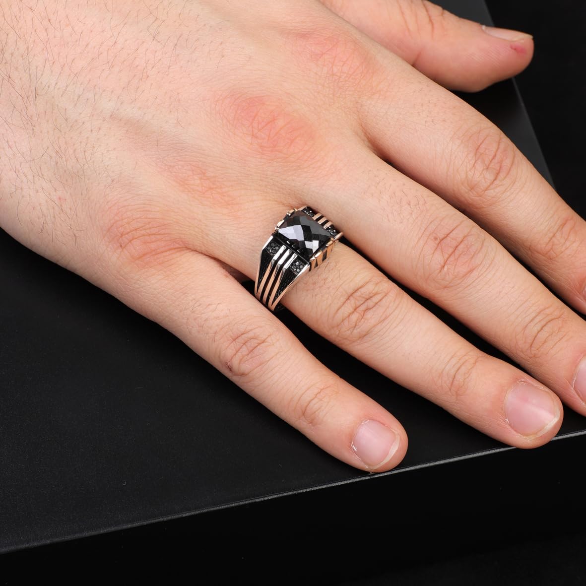Handmade Onyx Gemstone Square Stone Pinky Ring for Men Vintage 925 Sterling Silver
